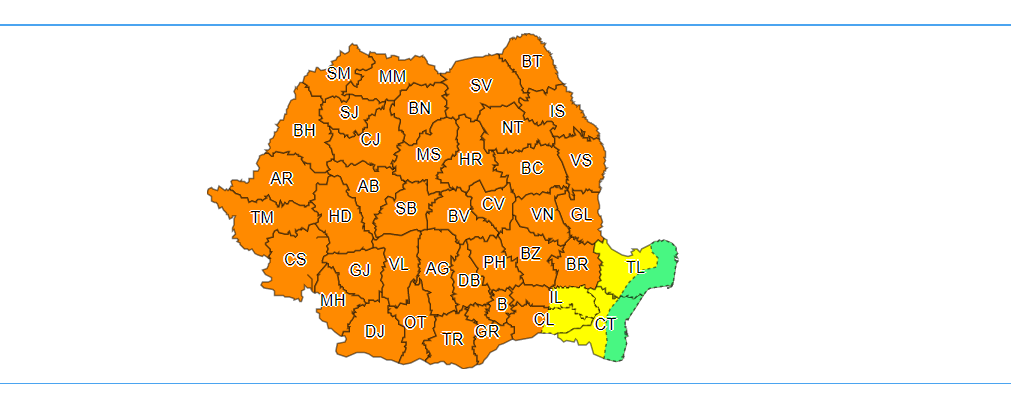 Cod Portocaliu de vijelii puternice, grindină şi averse torenţiale, în aproape toată ţara Cod Portocaliu de vijelii puternice, grindină şi averse torenţiale, în aproape toată ţara