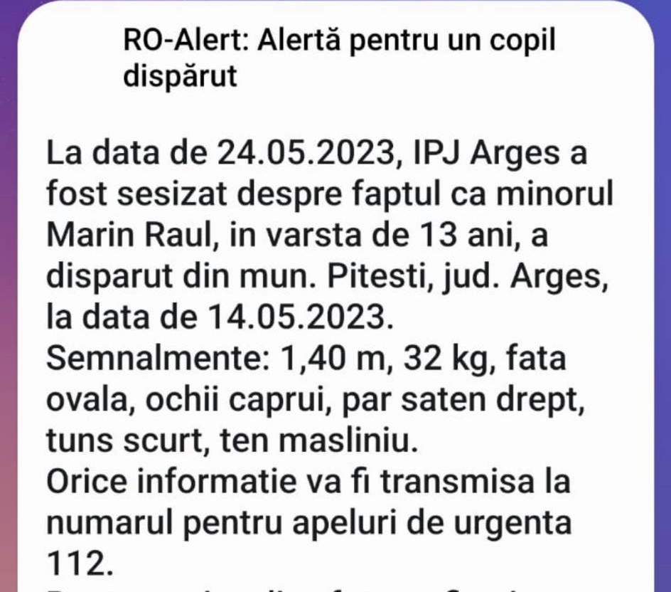 RO-Alert: Alertă pentru un copil, în vârstă de 12 ani, din Piteşti, dat dispărut (FOTO) RO-Alert: Alertă pentru un copil, în vârstă de 12 ani, din Piteşti, dat dispărut (FOTO)