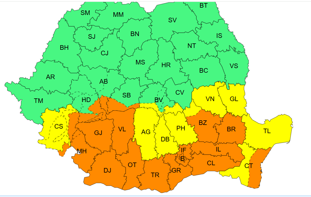 Cod Portocaliu de ploi, în Oltenia, de joi dimineaţă. Vremea va fi deosebit de rece